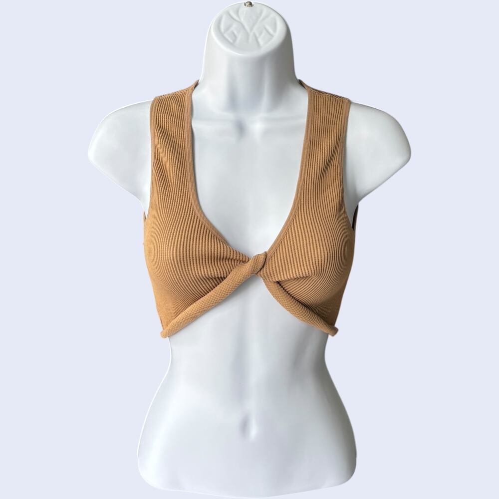 Cotton On ribbed twist-front crop tank camel brown XS/S fitted minimalist y2k